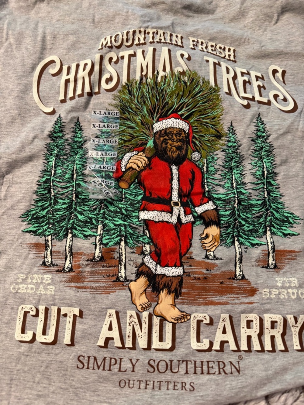 Simply Southern Gray Shirt with Brown and Cream Christmas Trees Sasquatch Design